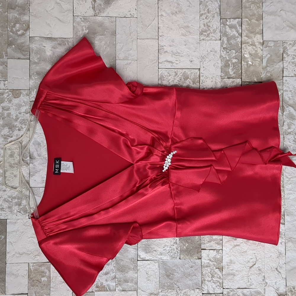 MSK Red Satin V-Neck Flutter Sleeve Blouse with Rhinestone Detail